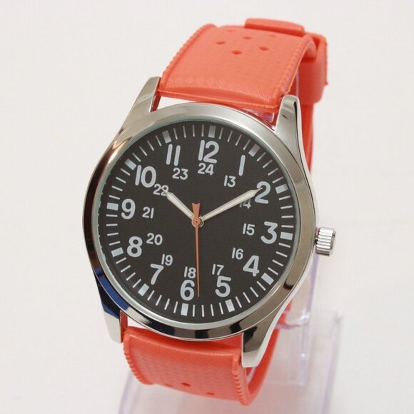 Men's Quartz Field Watch Silver Case Orange Tropical Rubber Strap 42mm - Picture 4 of 15